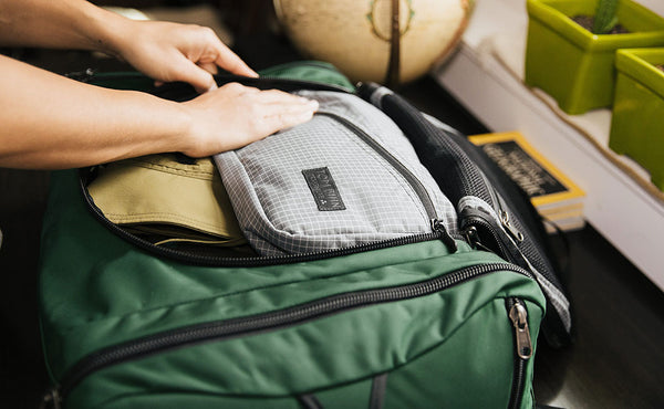 Design Lab Edition Packing Cube Shoulder Bag being packed in an Aeronaut 45 travel bag.